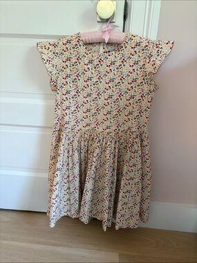 Petit Bateau Cream Floral Flutter-Sleeve Dress with Red & Blue Accents